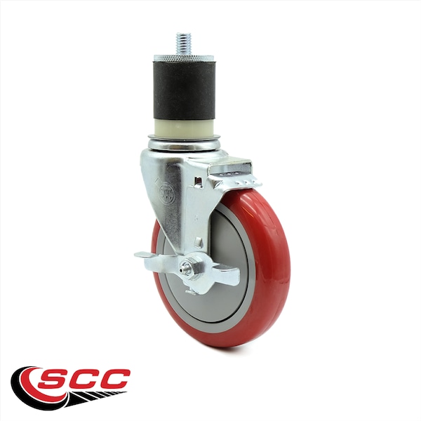 5 Inch Red Polyurethane Wheel Swivel 1-7/8 Inch Expanding Stem Caster Set Brake